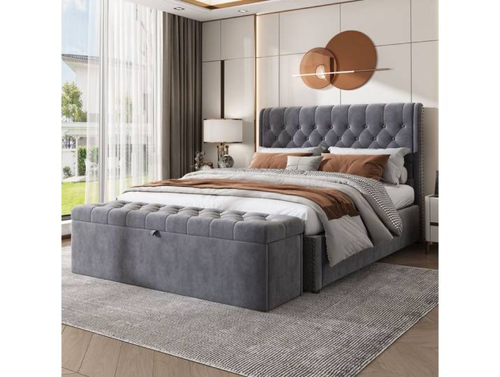 Banquette de rangement 138 x 41 x 42 cm velours gris coffre pour chambre banc coffre