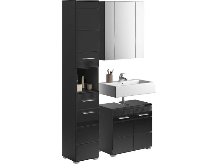 Badmöbel-Set HOME AFFAIRE Malmö, 3 teilig, bestehend aus: , schwarz, Kastenmöbel-Sets, Badmöbel-Set, Hochschrank, Waschbeckenunterschrank, Spiegel