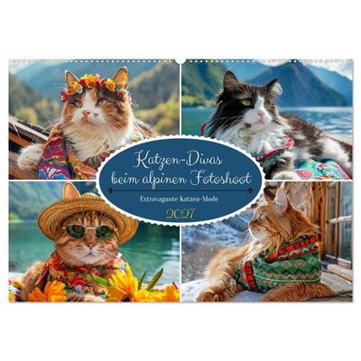 Katzen-Divas beim alpinen Fotoshoot. Extravagante Katzenmode (Wandkalender 2027 DIN A2 quer), CALVENDO Monatskalender