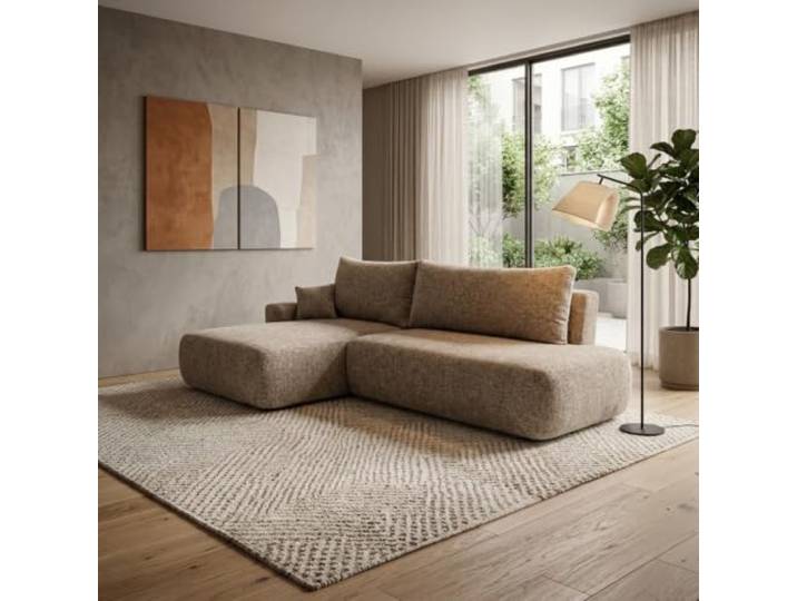 Ecksofa OLIMA mit Schlaffunktion DL-Automat und Bettkasten Hellbraun L L-Form, weicher Chenillestoff, Offene Ottomane, großzügige Sitzfläche, Wellenfederung und weiche Rückenkissen