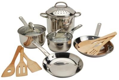 Basic Essentials 14-Piece Induction-Ready Stainless Steel Cookware Set with Pasta Pot, Strainer, and Bamboo Tools