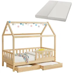 Juskys Kinderbett Marli 90 x 200 cm mit Matratze, Bettkasten, Gitter, Lattenrost & Dach - Bett Natur