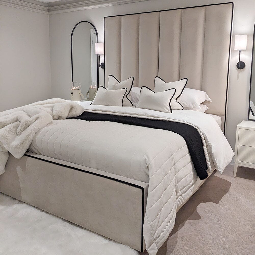 Mercer Cream Velvet Luxury Panelled Ottoman Storage Bed with Contrast Black Piping, Super King