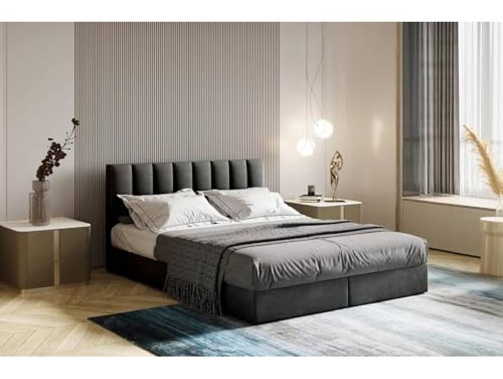 TRADA Boxspringbett 140 x 200 cm mit Bonellmatratze H3, City, Dunkelgrau Modern Bett mit elegant gestepptes Kopfteil und Topper 5cm, Bettkasten