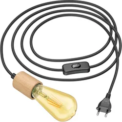 ledscom.de Textilkabel KIVO, schwarz, 3m, Echtholz E27 Fassung, Stecker, Schalter, inkl. LED Lampe, 489lm, extra warmweiß