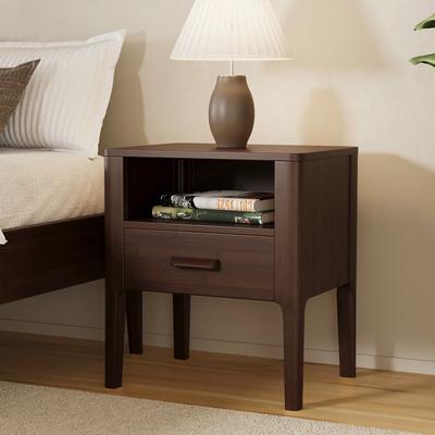Unbranded Mid-Century Modern Bamboo Wood Nightstand with Drawer & Open Shelf