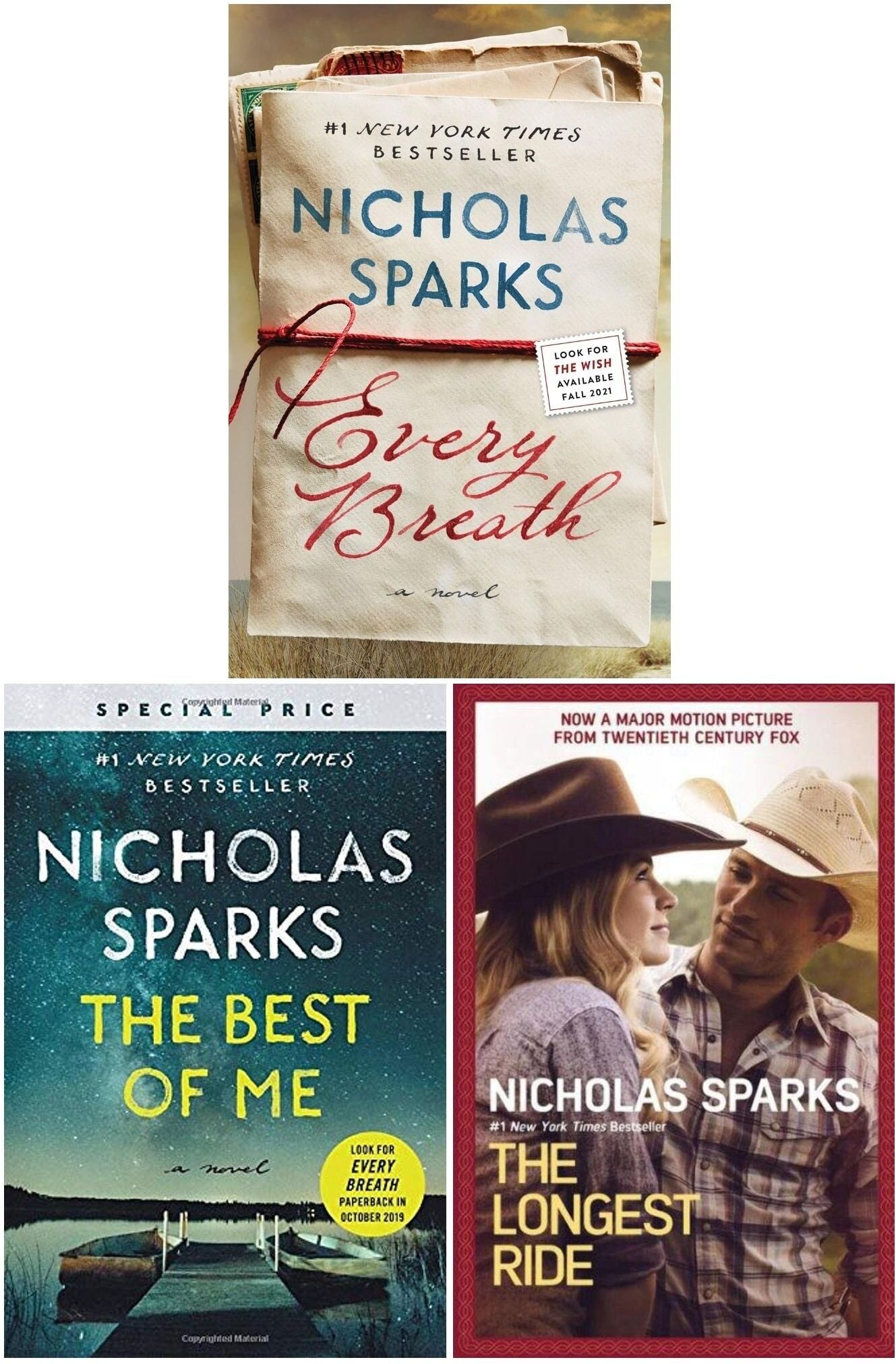 Grand Central Publishing Nicholas Sparks Collection 3 Books Set (Every Breath, The Longest Ride, The Best Of Me)