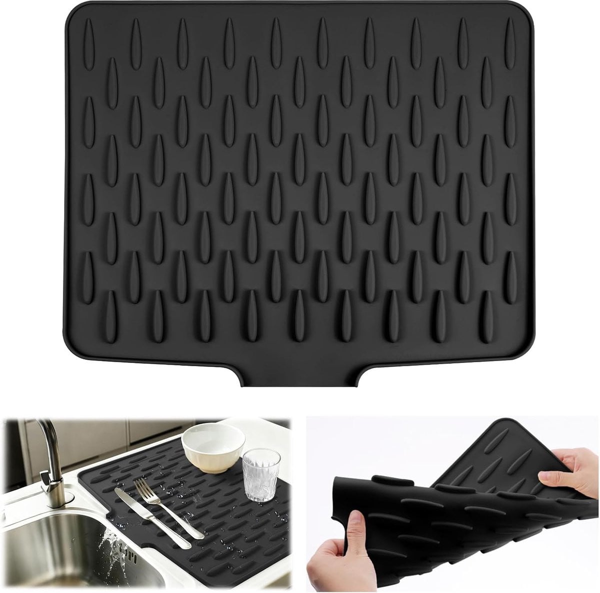 Hittebestendige siliconen afdruipmat, antislip en morsvrij, zwart, 40 x 32,5 cm