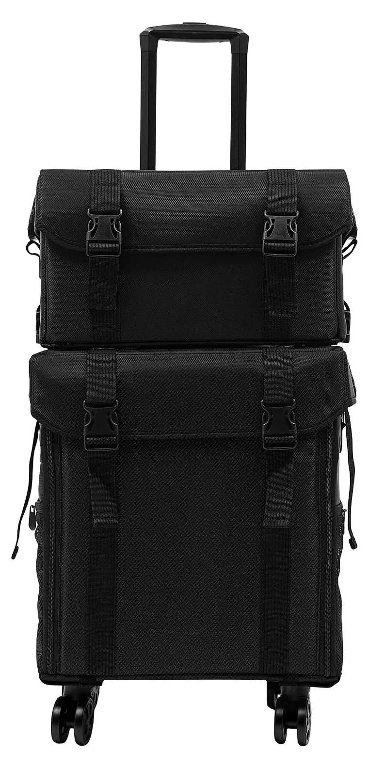 Schminkkoffer auf Rollen - 2-in-1 Kosmetiktrolley - 8 Schubladen - Pinselhalter - Tragbarer Aufbewahrungsorganizer - Nylon - Schwarz