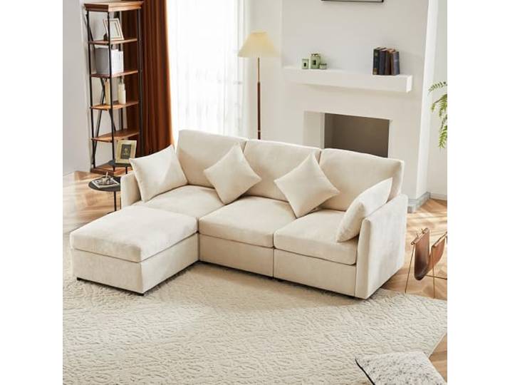 VILUXE Ecksofa 4-Sitzer Chenille mit Hocker Modular Beige Modulares Ecksofa mit Hocker, Chenille Bezug, Wohnzimmer und Büro, flexible Sitzkombination