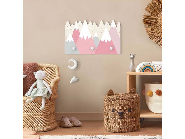 Kindergarderobe Schneebedeckte Berge 40 x 25 x 1cm Pink/Weiß/Rosa