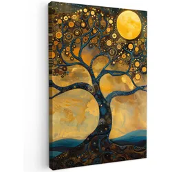 LEINWANDBILD Baum - Mond - Blumen - Gold - Kunst Deko XXL 80x120 cm
