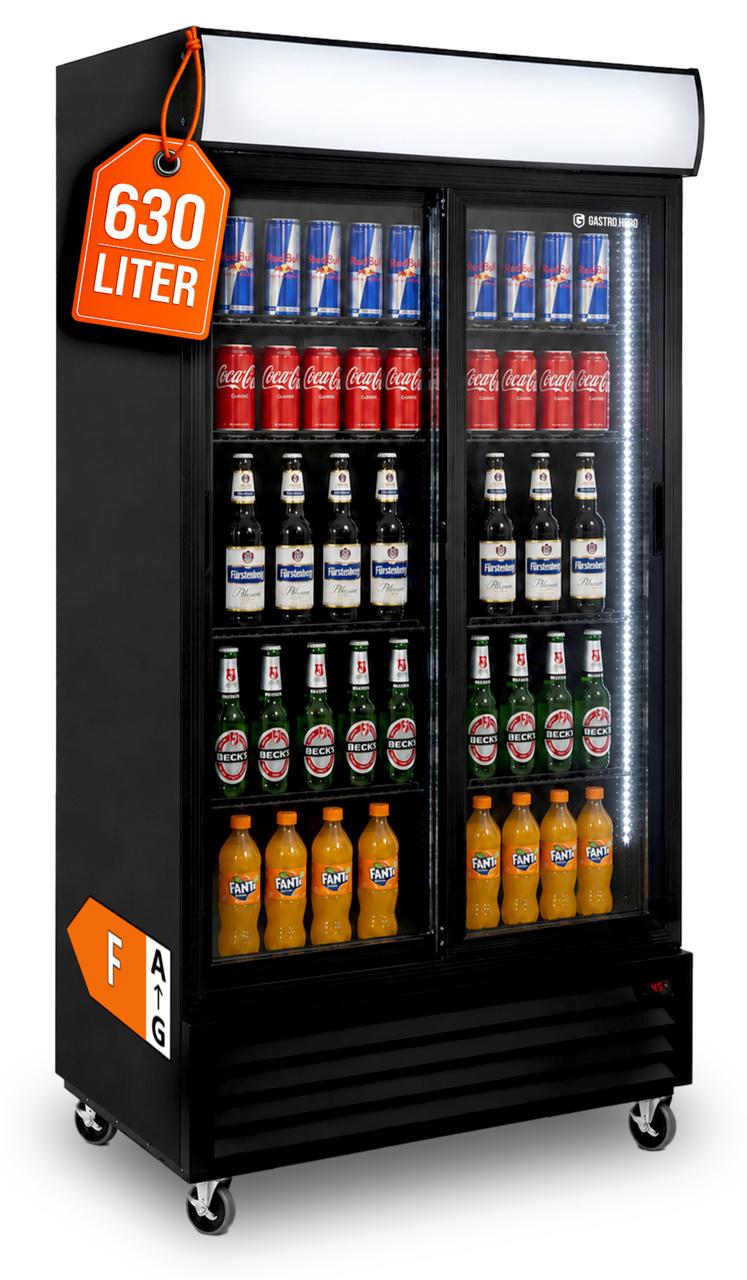GastroHero Getränkekühlschrank ECO 630 mit Leuchtaufsatz, Schiebetüren, schwarz, LED-Innenbeleuchtung, energiesparend, 8 höhenverstellbare Roste