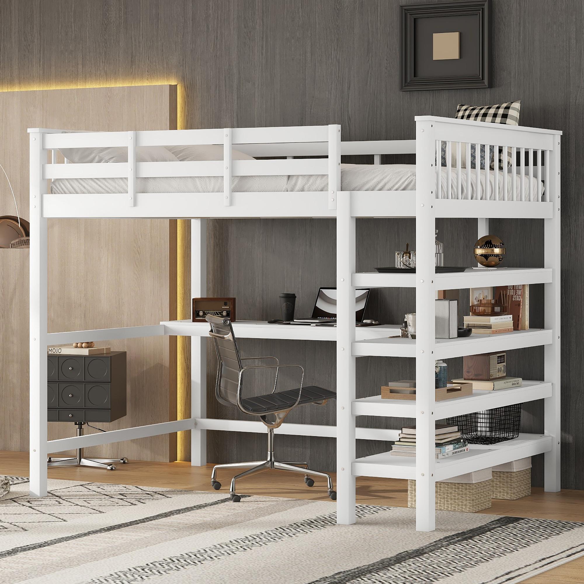 Merax Etagenbett Hochbett 140x200 cm, Kinderbett mit Ablagefächern & Schreibtisch, Stockbett mit Zäune, Jugendbett, Weiß