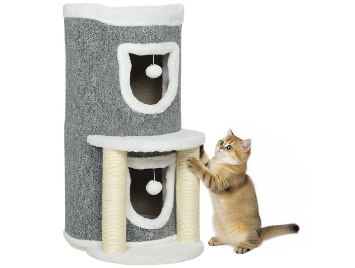 Arbre à gratter pour chat Arbre à chat 76 cm avec lit 2 grottes Poteaux en sisal Boules de tapis pour jouer Gris