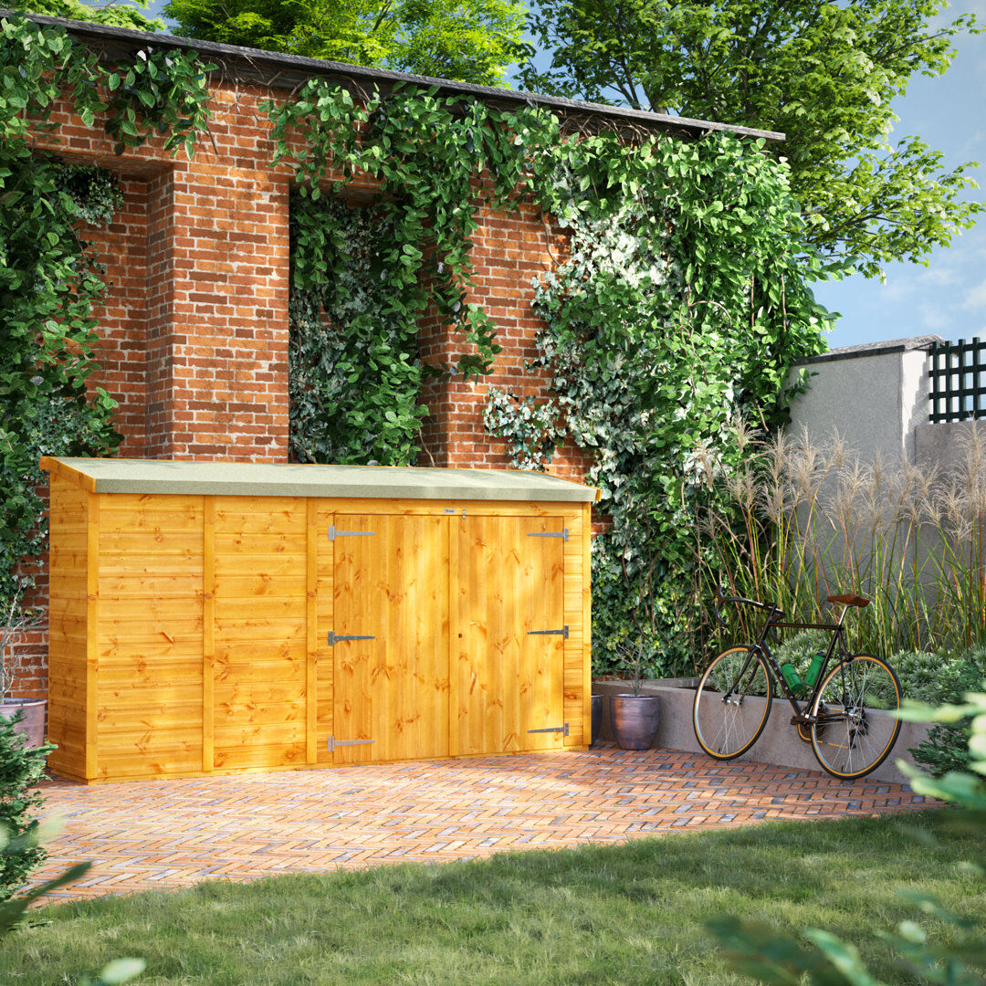 Powersheds 10 x 2ft Pent Timber Tongue & Groove Bike Shed Golden Brown 71.8cm W X 311.6cm D X 168.6cm H
