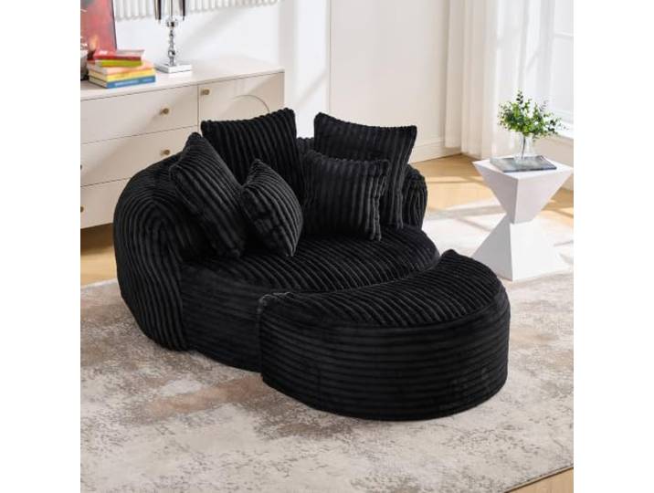 QQJIN Runder Kordelstoff-Sessel, Sofa-Bett Ohne Beine mit Fußstuhl, 120cm Großes Sitzbrett Für Entspannende Liegen, Lesebank Mit Kissen, Weicher Schaumstoff-Sessel, Für Wohnzimmer Und Spielzimmer