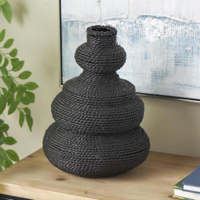 ARCILLA ELEMENTAL Black or Beige Metal Seagrass Handmade Wrapped Decorative Vase with Abstract Bubble Shape