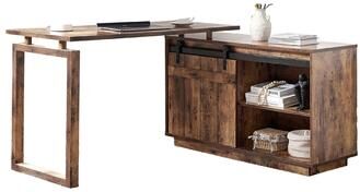 Benjara Fior L Shaped Writing Desk, 56 Inch Distressed Brown Wood, Barn Door
