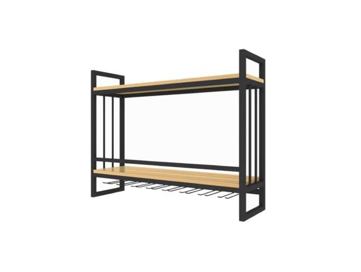 Wandmontiertes Weinregal Holz und Metall mit handgeschweißtem Eisenrahmen Wandmontierte Weinglas-Haken, Stangen, Regale für Pflanzen, Dekoration, Bücher(60x11x43cm)