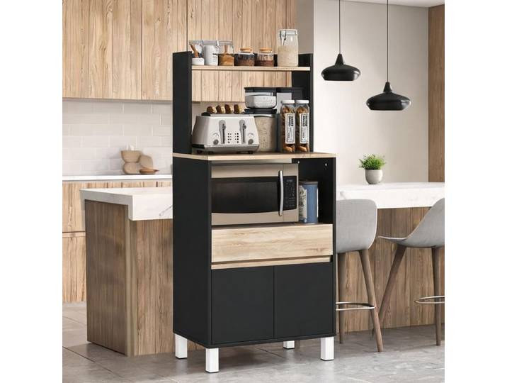 Buffet scandinave noir et chêne meuble micro-ondes 60x40x131 cm rangement cuisine