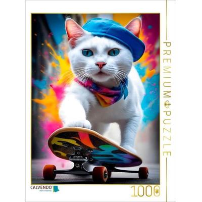 CALVENDO Puzzle Katze beim Outdoorsport - Skateboard fahren | 1000 Teile Lege-Größe 64x48cm Foto-Puzzle für glückliche Stunden