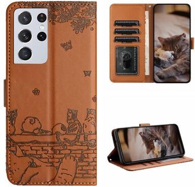 Inspired Deals Cute Cat Embossed Wallet Phone Case For Samsung Galaxy With Card Holder And Lanyard For Samsung Galaxy S21 Ultra brown