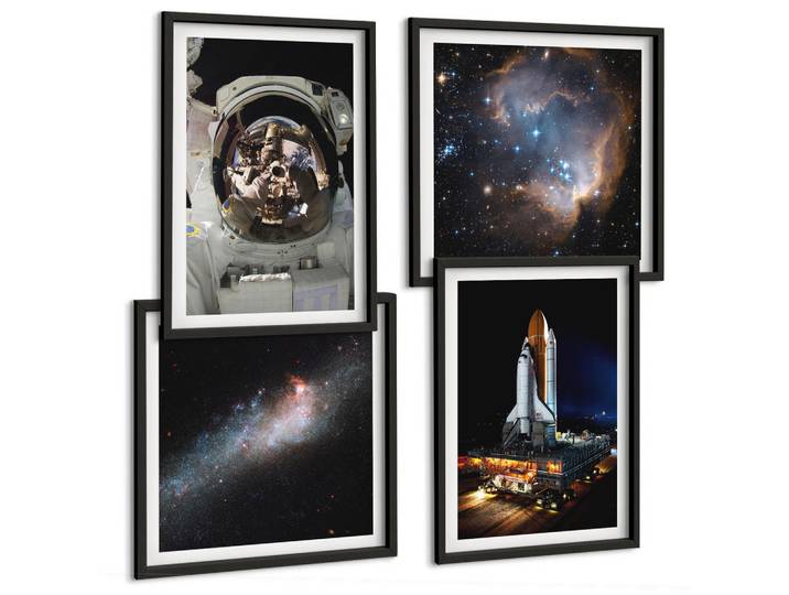 Tulup Bilder SET 4er Set - 50x50 cm & 40x60 cm Schwarzer Rahmen - Astronauten landen auf dem Mond, Kunststoff, Rechteckig, 50x50 cm, einfache und schnelle Anbringung, Bilder & Rahmen, Bilder