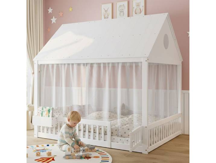 Lit cabane enfant - ZEVKOR - 140x200 - Pin - Blanc - Rangement intégré