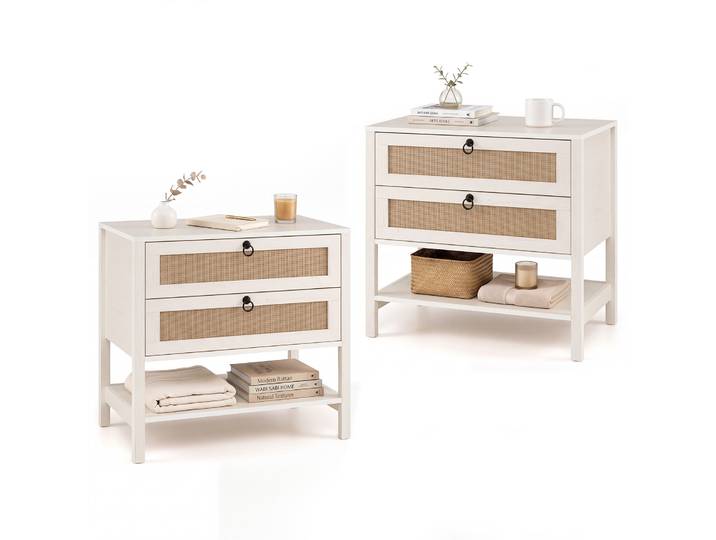 2 Stucks Nachtkastje met 2 Lades en Open Planken Wit Gebeitst Eikenhout 68 x 40 x 65 cm