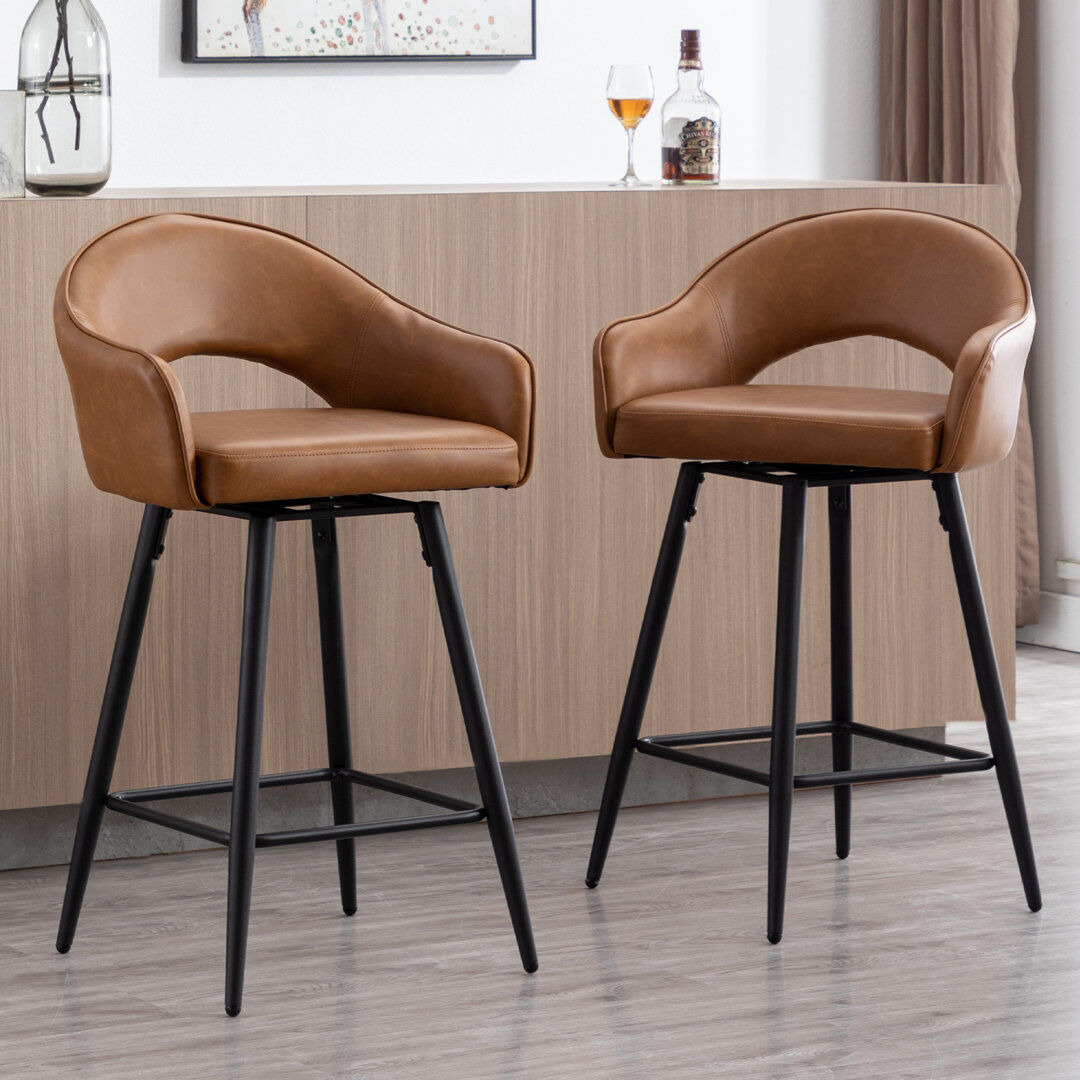 George Oliver Swivel Upholstered Bar Stool with Iron Frame Fax Leather-Brown 92.1cm H X 54cm W X 54.6cm D