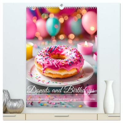 Donuts and Birthdays, süßer Geburtstagskalender mit bunte KI Donuts (hochwertiger Premium Wandkalender 2026 DIN A2 hoch), Kunstdruck in Hochglanz
