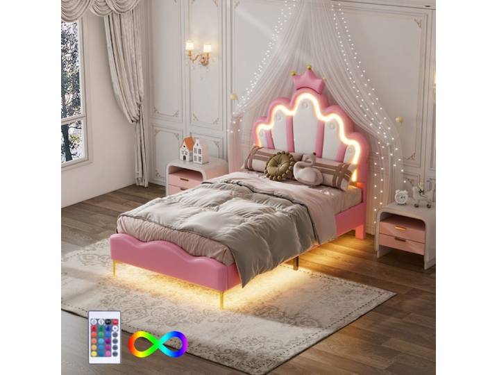 Lit enfant - EIFSON - Lit princesse 90x200 cm - Tête de lit couronne - Éclairage LED - Rose