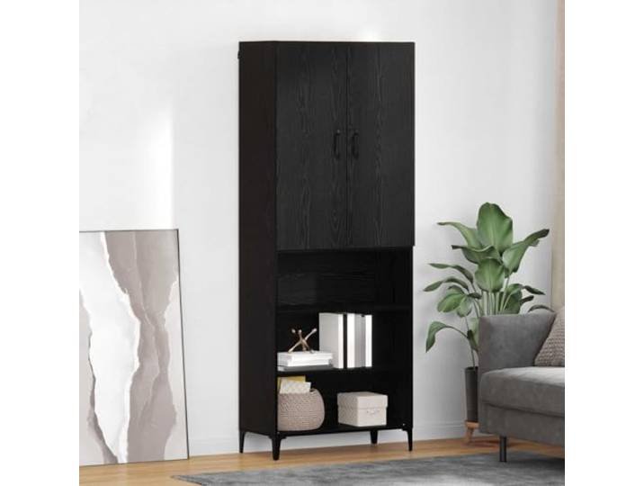 HEFZGDB Raumsparendes Highboard für kleine Wohnungen: Modernes wandmontiertes Aufbewahrungsmöbel mit Metallbeinen, Regalen und Fächern in Altholzoptik und Schwarz Eichen-Optik