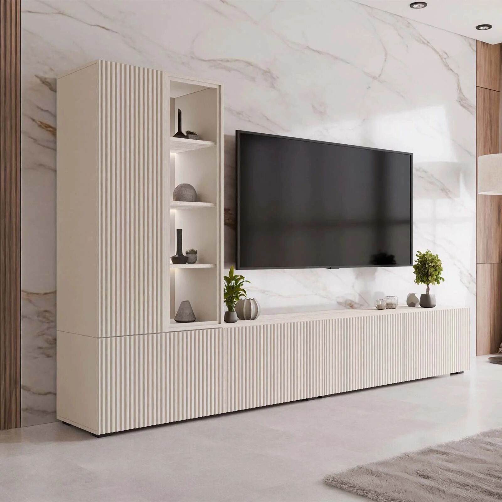 garneroarredamenti Parete attrezzata 260x155h cm con led beige cannettato effetto travertino Patty