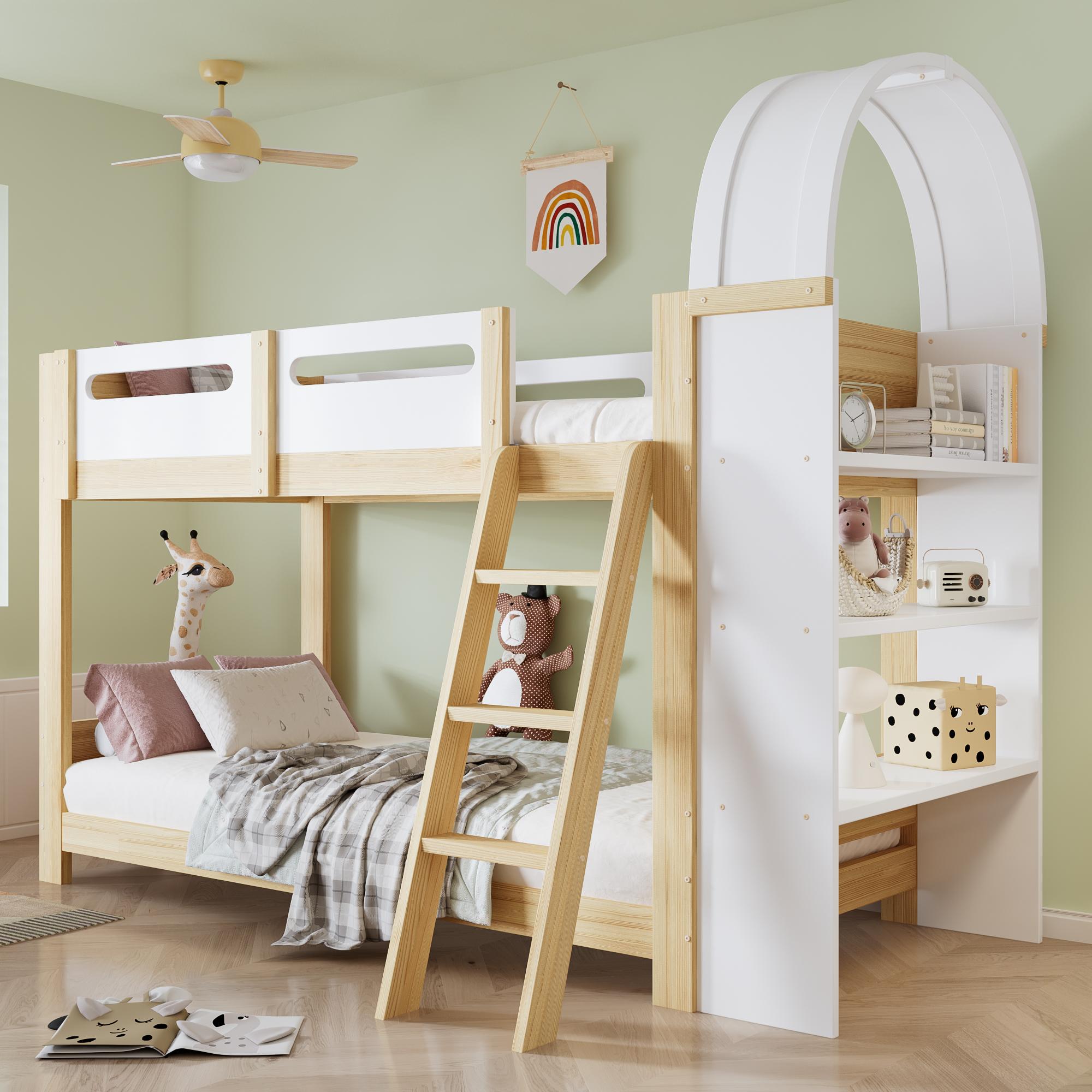 STILVORA Etagenbett 90x200cm mit einer Matratze Kinderbett Mit dreistufiges Regal, Sicheres Bettgitter Bettgestell mit Dreistufige Trittleiter, Stabile Lattenroste, Weiß+Natur