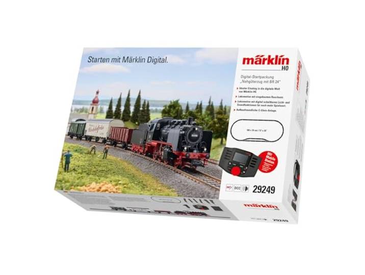 Märklin 29249 Startpackung Nahgüterzug mit BR 24 – Digitale Dampflok mit Sound & Rauch, Mobile Station, C-Gleis Set – Modelleisenbahn Startset Spur H0