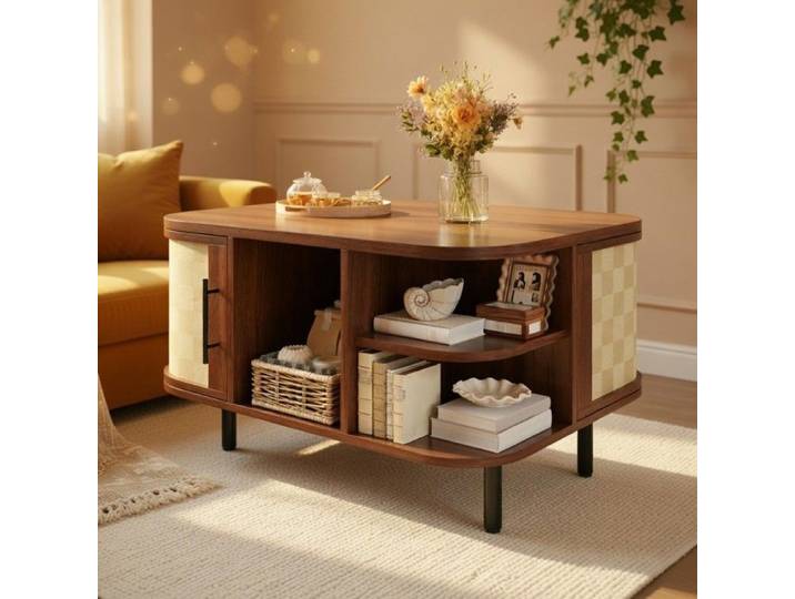 CollaHausse Table Basse Ronde Incurvée Tressée MDF Métal Rangement Salon