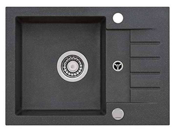 VBChome Spüle Schwarz 58 x 42 cm Granit Einzelbecken Einbauspüle gesprenkelt reversibel Verbundspüle + Siphon Waschbecken
