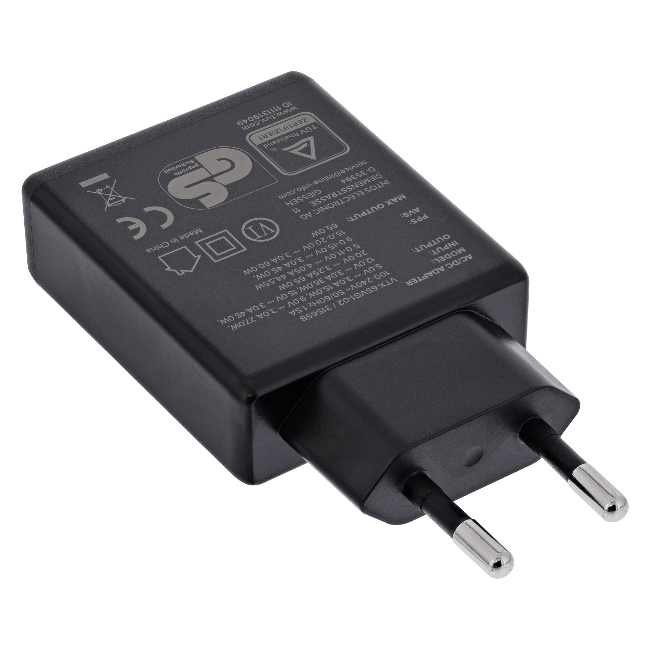 InLine USB Netzteil Ladegerät, Single USB-C, PD, AVS, 65W, schwarz (65 W, 1 Port) (31565B)