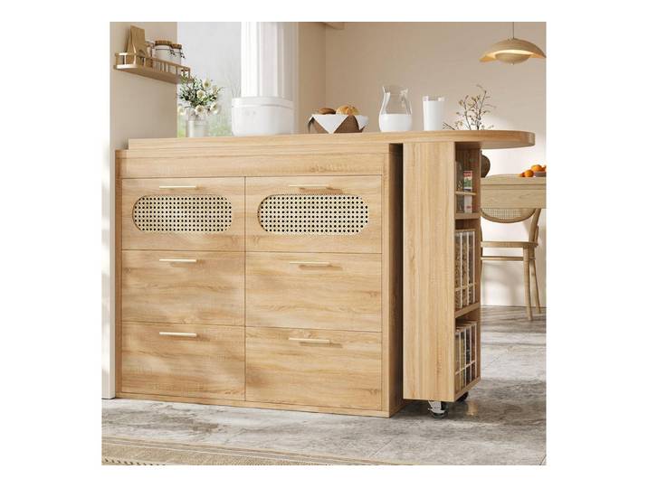 LuxusKollektion Bartisch Bartisch drehbar 360° mit 6 Schubladen Rattan Natural (1-St)