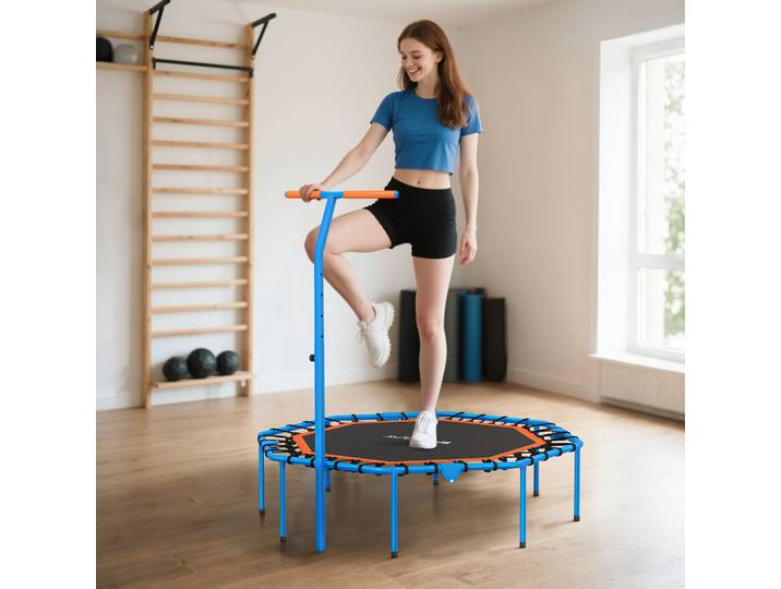 SPORTNOW Trampoline Fitness Acier Bleu avec Rampe Réglable