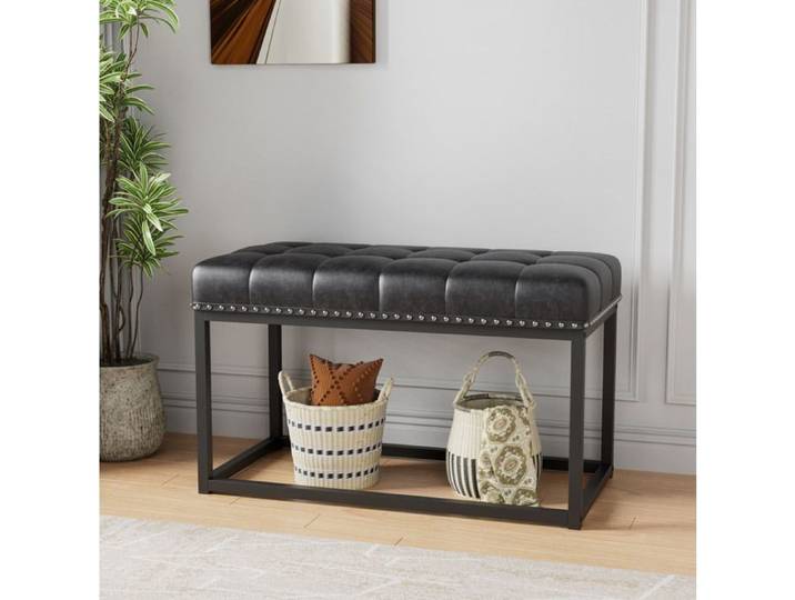 Banc rembourré vintage à assise capitonnée en simili cuir - BEAUNIV - structure en métal noir 90 × 46 × 52 cm