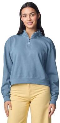 Comfort Colors CC1580L Women's Womens Mid Length 1/4 Zip T-Shirt in Blue Jean size Large   Cotton