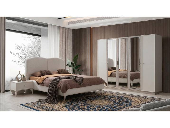 JVmoebel Schlafzimmer-Set Schickes Beiges Schlafzimmer Set Polsterbett Kommode Holzschrank, (5-tlg., 5-tlg. Set)