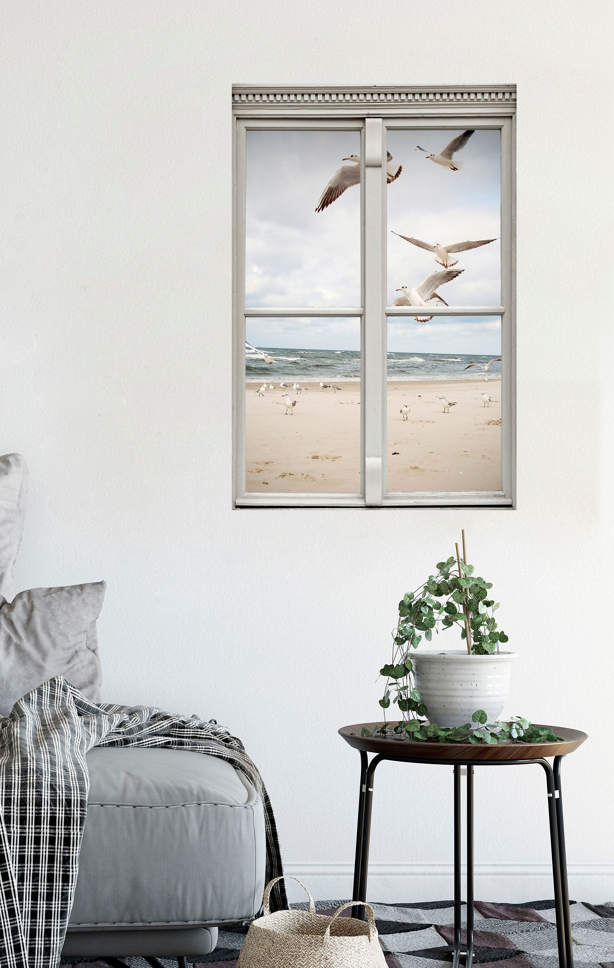 Wandsticker QUEENCE "Möwen am Strand", weiss (weiß), B:40cm H:60cm T:0,1cm, Wandtattoos, Wandsticker, Wandsticker, Wandbild, selbstklebend, 3D, Fenster weiß B/H/T: 40cm x 60cm x 0,1cm, Tiere