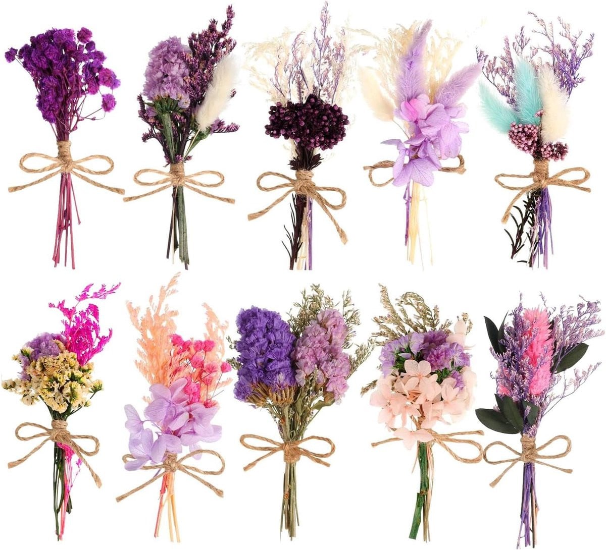 Set van 12 mini boeketten met natuurlijke paarse droogbloemen voor woonkamer decoratie