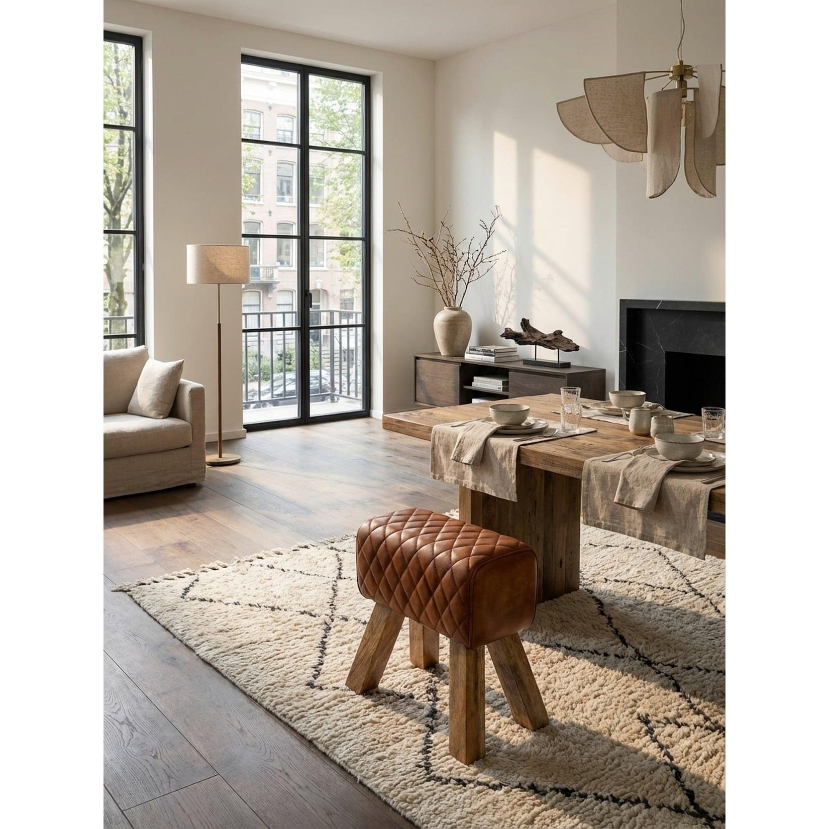 Sitzhocker – Echtleder/Massivholz, 40x48x27 cm, Turnbock-Design