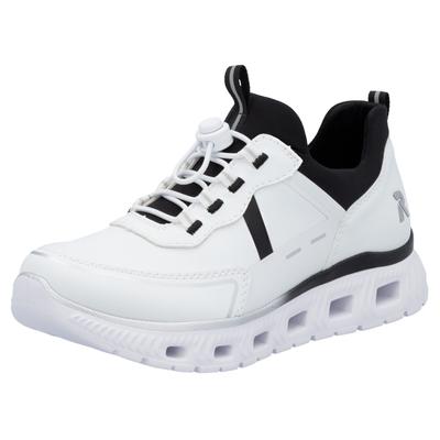 Slip-On Sneaker RIEKER "Edina", Damen, Gr. 42, Textil, schwarz-weiß (weiß, schwarz), Lederimitat, Textil, Schuhe Sneaker, Chunky Slipper, Freizeitschuh in veganer Verarbeitung