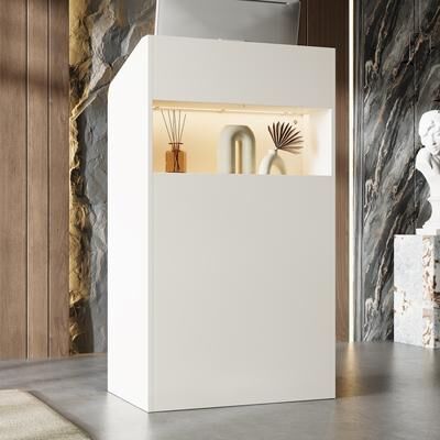 Timechee White Standing Reception Desk with LED Lights, Modern Podium Counter with 3 Light Modes and Cable Organizer